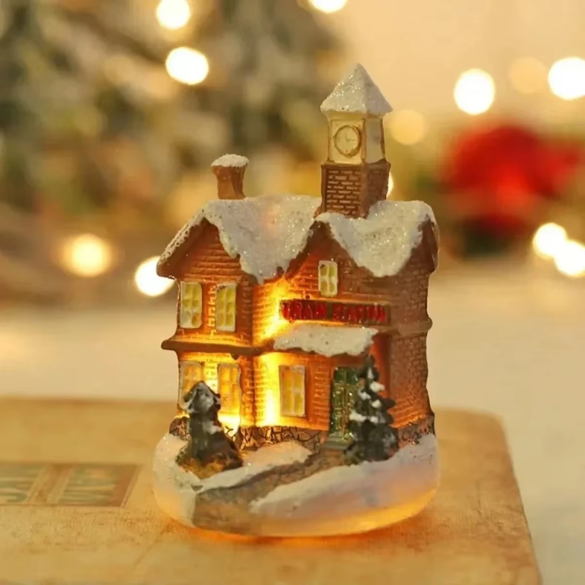 Resin Santa Claus Snowman Luminous Christmas LED House Pine Needles Snow Micro Landscape Ornaments 7