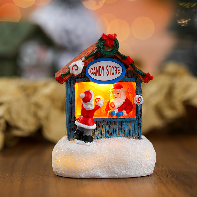 Resin Santa Claus Snowman Luminous Christmas LED House Pine Needles Snow Micro Landscape Ornaments 3