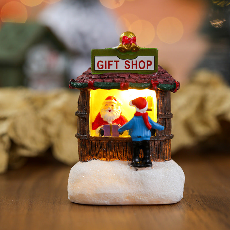 Resin Santa Claus Snowman Luminous Christmas LED House Pine Needles Snow Micro Landscape Ornaments 2