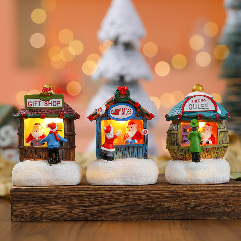 Resin Santa Claus Snowman Luminous Christmas LED House Pine Needles Snow Micro Landscape Ornaments 11
