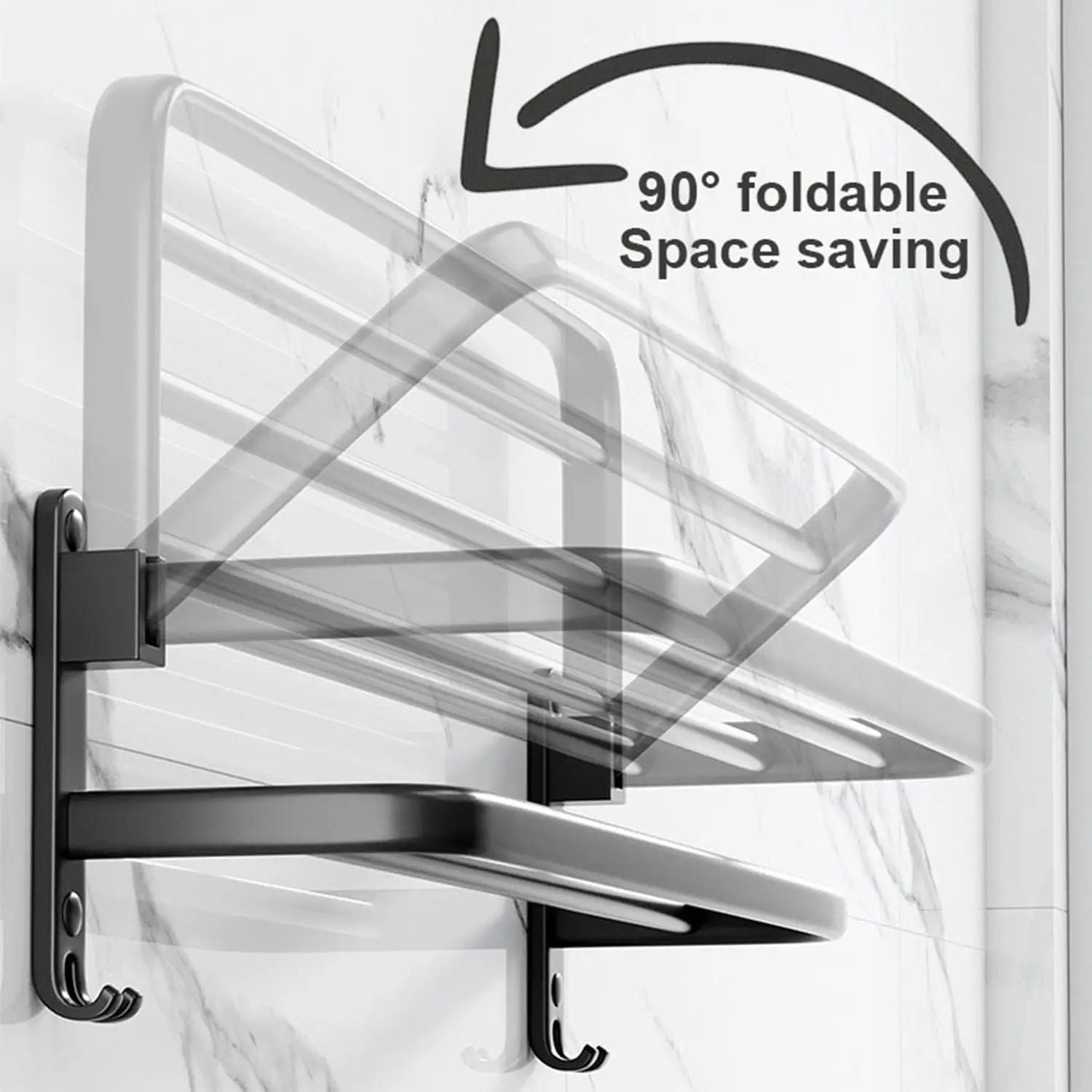 MatteBlack 20Inch WallMount Foldable Towel Rack  Hook  SpaceSaving Bathroom Organizer 3