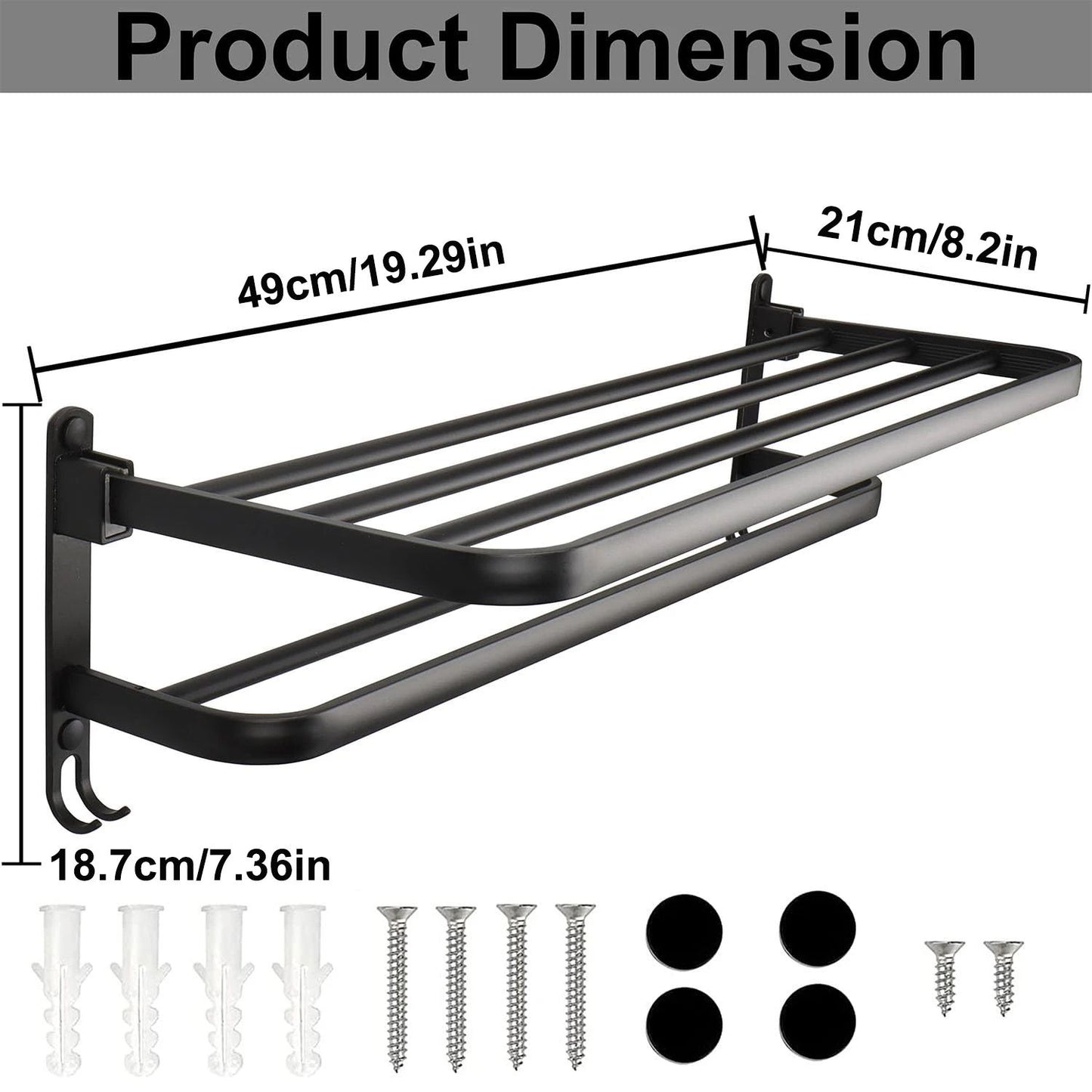 MatteBlack 20Inch WallMount Foldable Towel Rack  Hook  SpaceSaving Bathroom Organizer 4