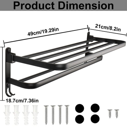 MatteBlack 20Inch WallMount Foldable Towel Rack  Hook  SpaceSaving Bathroom Organizer 4