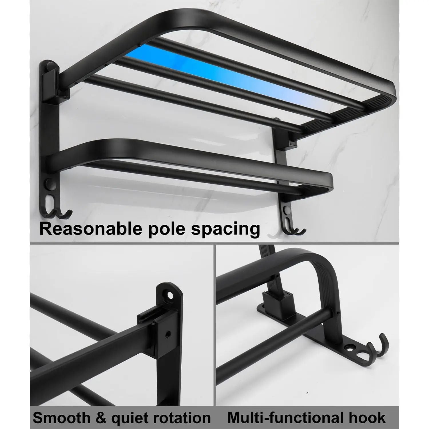MatteBlack 20Inch WallMount Foldable Towel Rack  Hook  SpaceSaving Bathroom Organizer 5