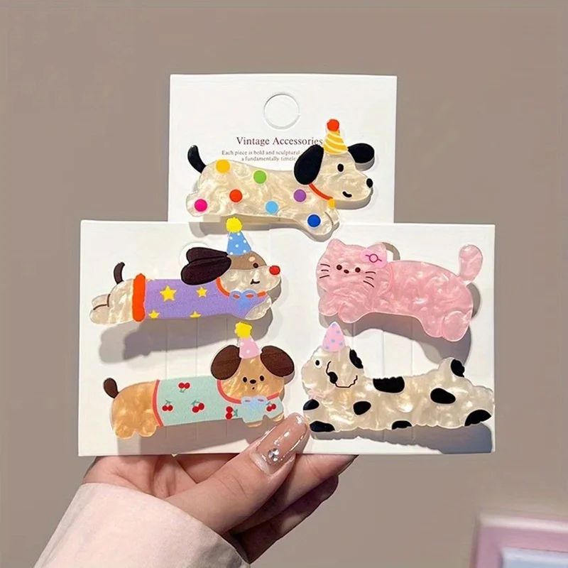 5 Pack Cute Cartoon Hair Clips – Dog & Cat Duckbill Hair Accessories for Girls and Party Styling