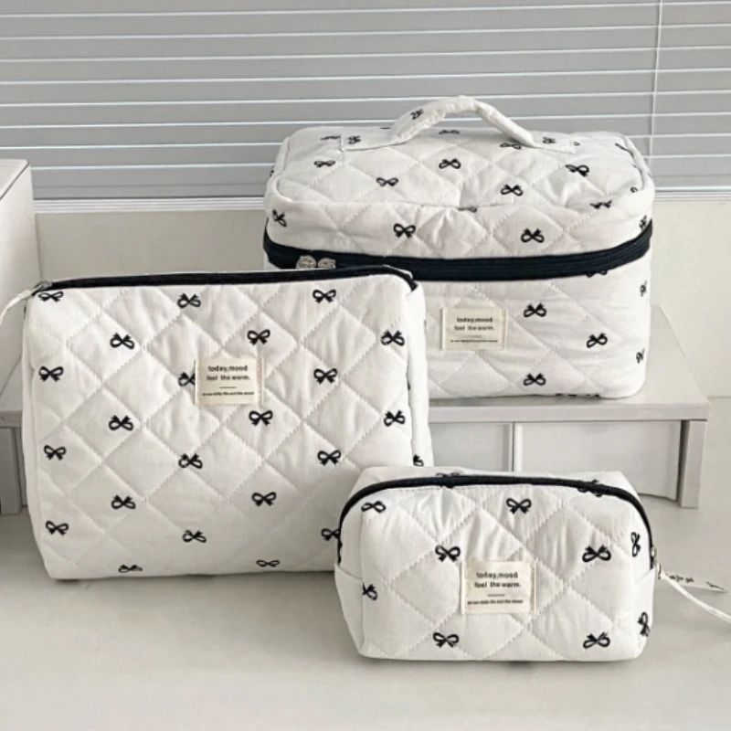 Fashion Cherry Quilted Makeup Bag – Portable Cotton Cosmetic Tote with Zipper for Women