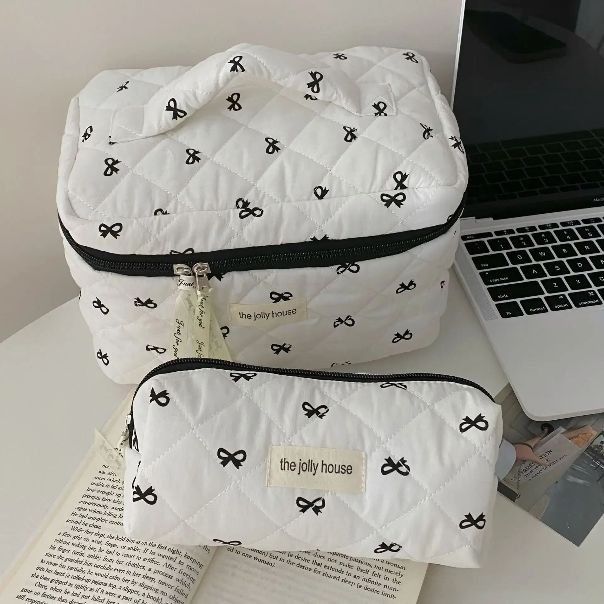 Fashion Cherry Quilted Makeup Bag  Portable Cotton Cosmetic Tote With Zipper For Women 1