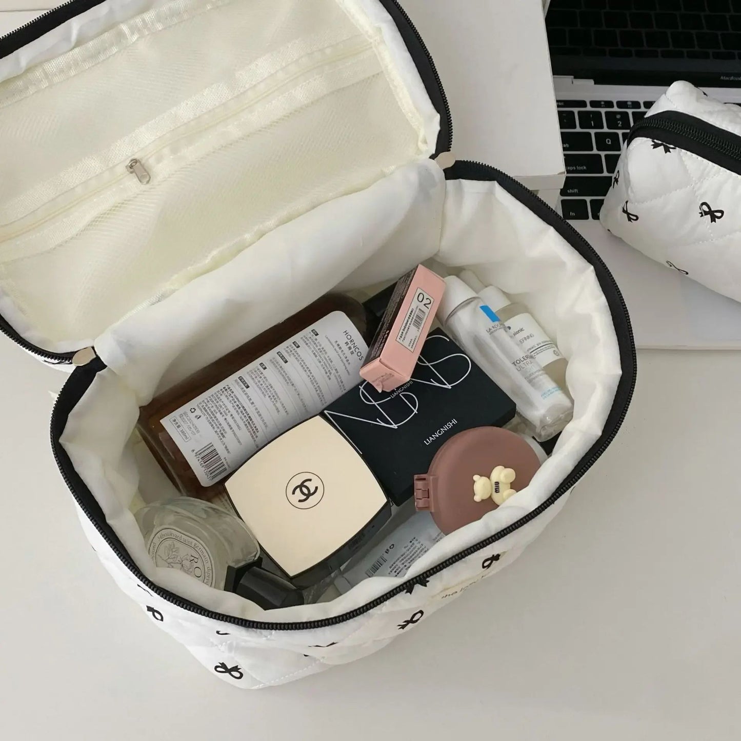 Fashion Cherry Quilted Makeup Bag  Portable Cotton Cosmetic Tote With Zipper For Women 2