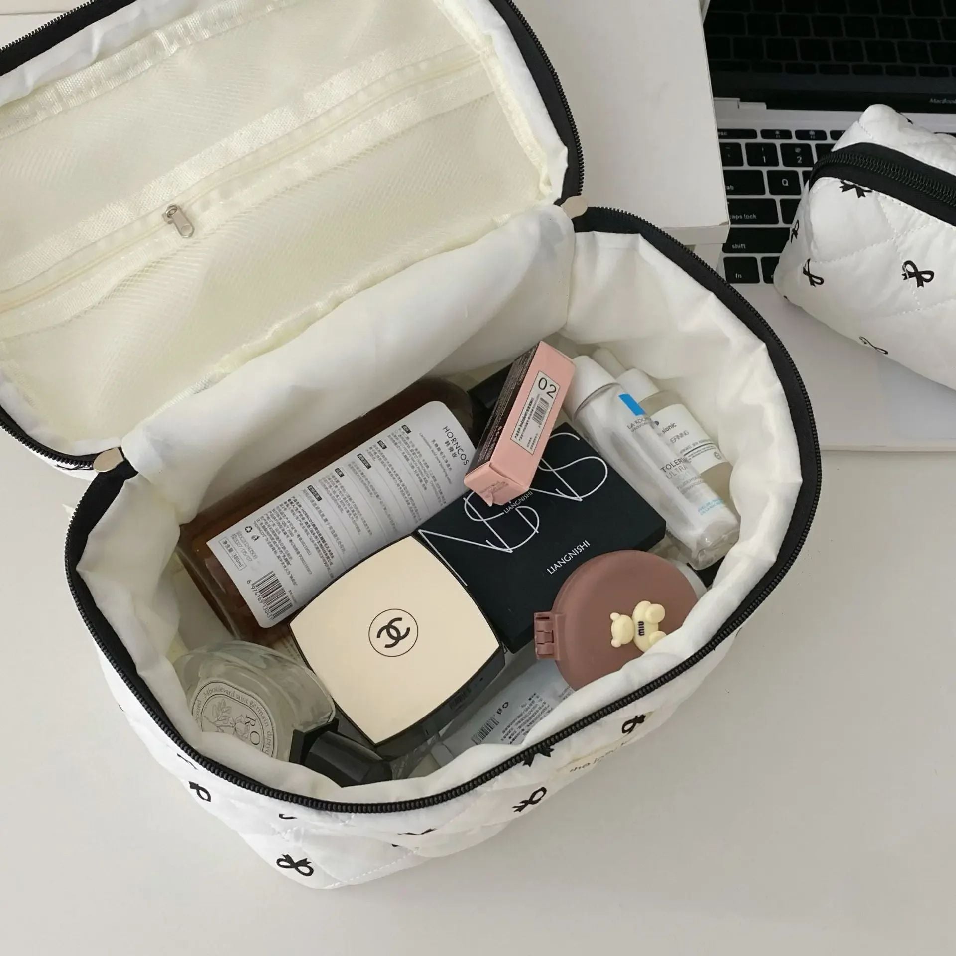 Fashion Cherry Quilted Makeup Bag  Portable Cotton Cosmetic Tote With Zipper For Women 2