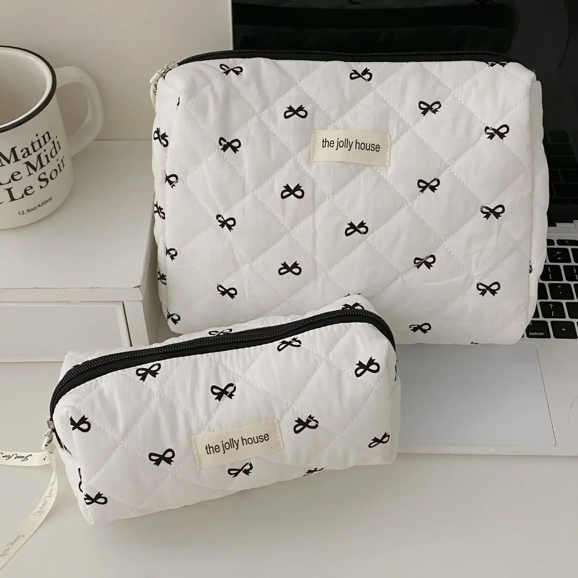 Fashion Cherry Quilted Makeup Bag  Portable Cotton Cosmetic Tote With Zipper For Women 3