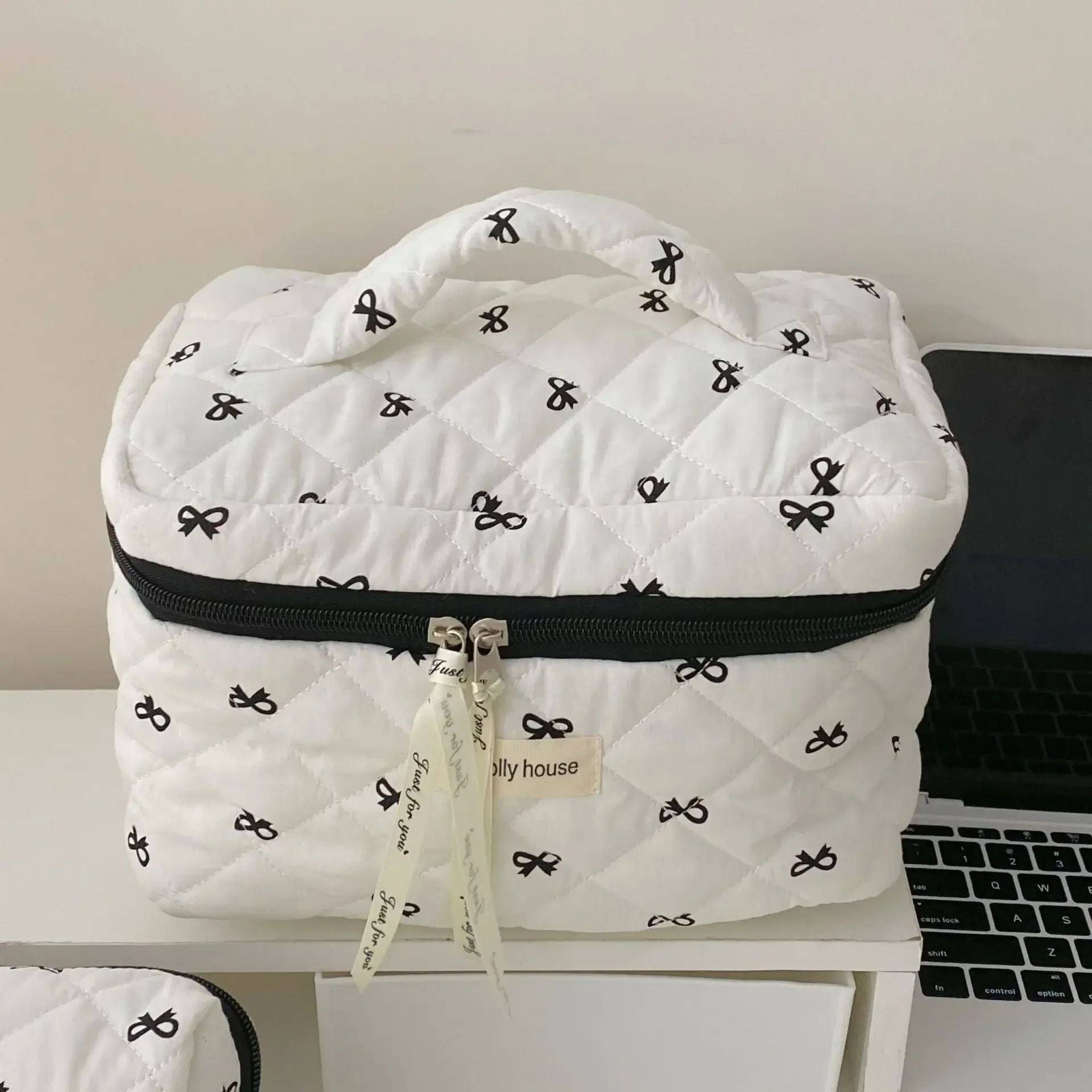 Fashion Cherry Quilted Makeup Bag  Portable Cotton Cosmetic Tote With Zipper For Women 4