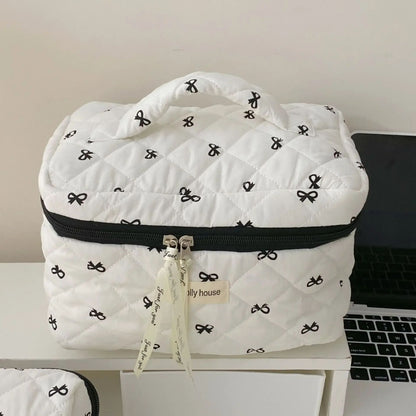 Fashion Cherry Quilted Makeup Bag  Portable Cotton Cosmetic Tote With Zipper For Women 4