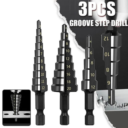HSS Step Drill Bit Set Three Piece Straight Groove 3 to 20 mm Black Nitride Hex Shank