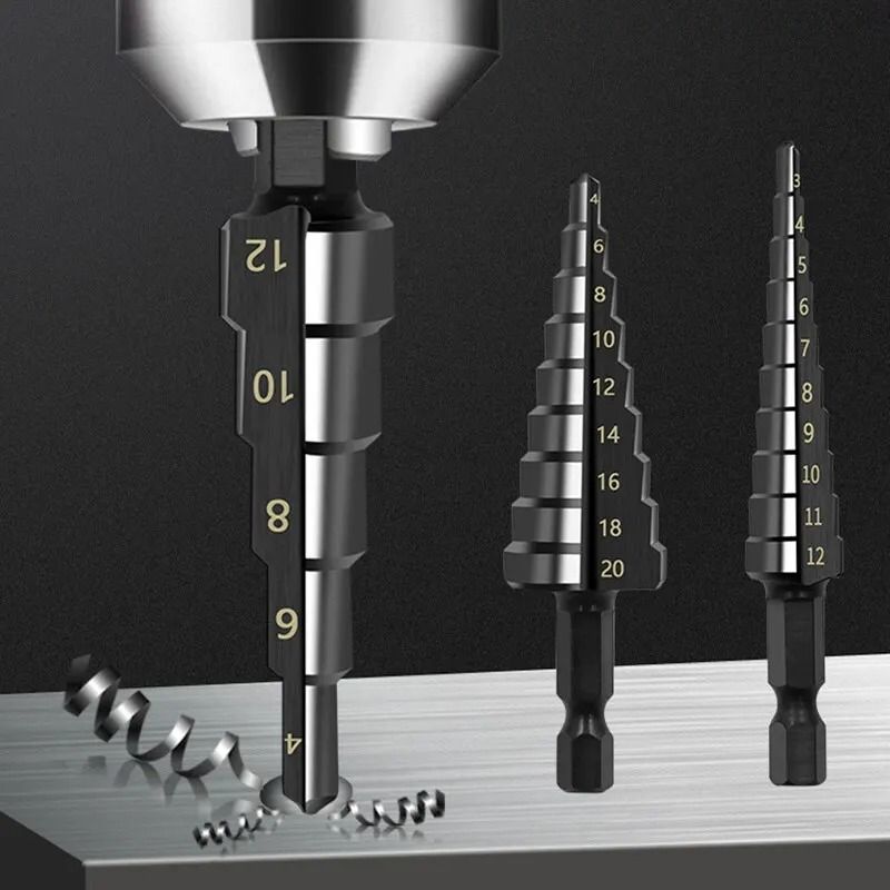 HSS Step Drill Bit Set Three Piece Straight Groove 3 To 20 Mm Black Nitride Hex Shank 1