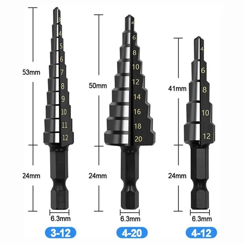 HSS Step Drill Bit Set Three Piece Straight Groove 3 To 20 Mm Black Nitride Hex Shank 5