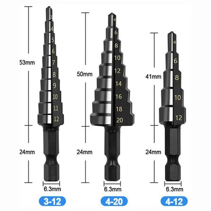 HSS Step Drill Bit Set Three Piece Straight Groove 3 To 20 Mm Black Nitride Hex Shank 5