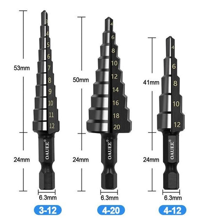 HSS Step Drill Bit Set Three Piece Straight Groove 3 To 20 Mm Black Nitride Hex Shank 6