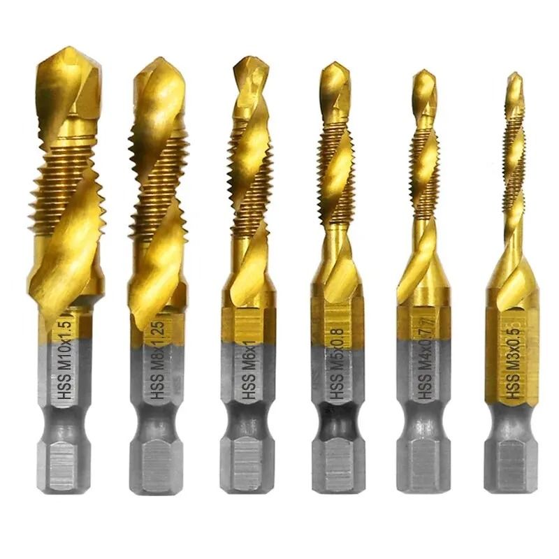 Titanium Plated HSS Tap and Drill Set Six Piece Composite Chamfering Tool Kit