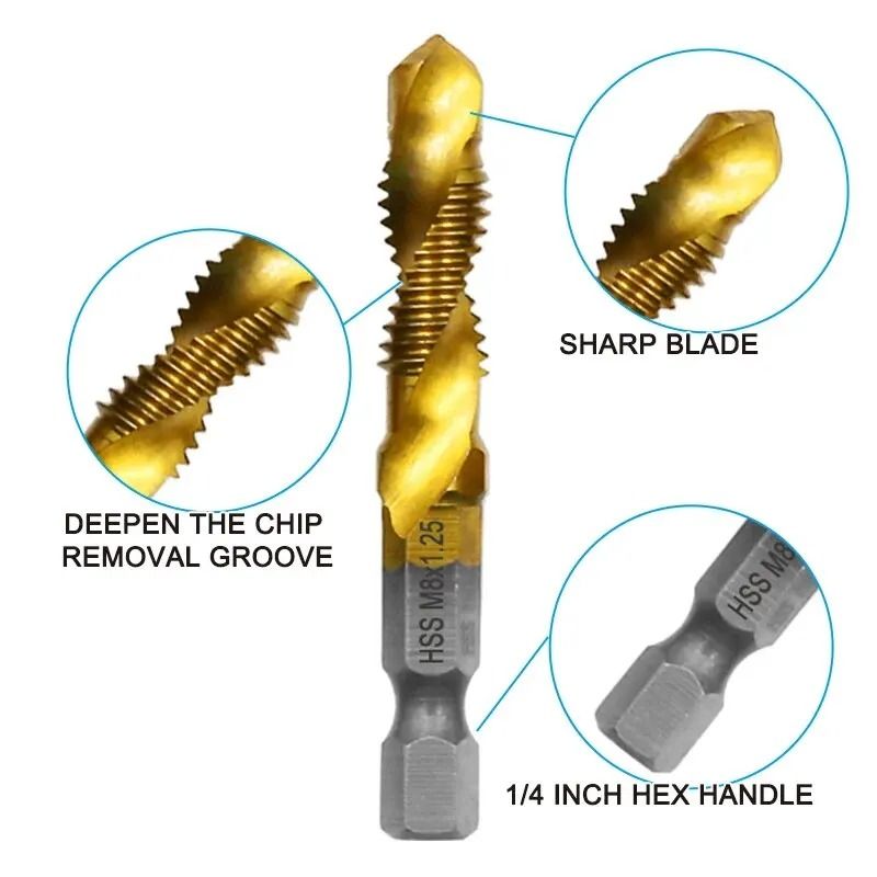 Titanium Plated HSS Tap And Drill Set Six Piece Composite Chamfering Tool Kit 1