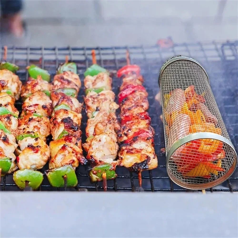 Rolling Stainless Steel BBQ Grill Basket For Outdoor Cooking 3