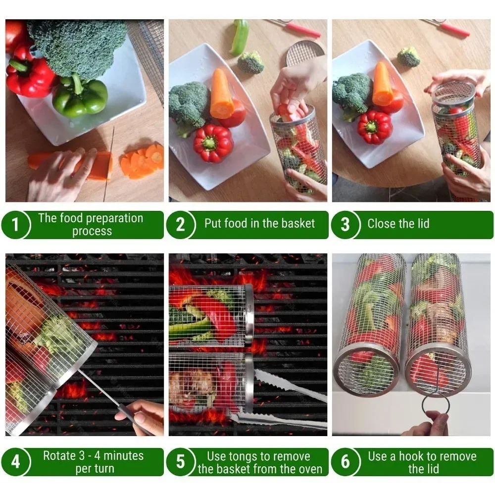 Rolling Stainless Steel BBQ Grill Basket For Outdoor Cooking 4