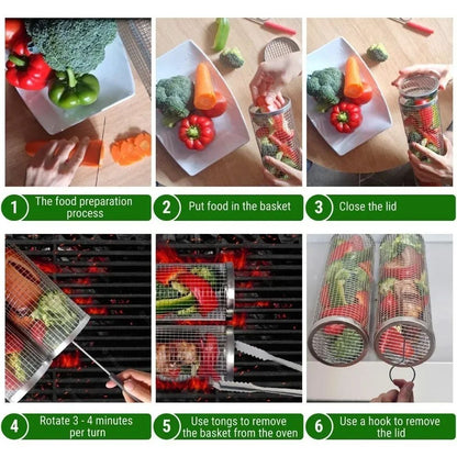 Rolling Stainless Steel BBQ Grill Basket For Outdoor Cooking 4