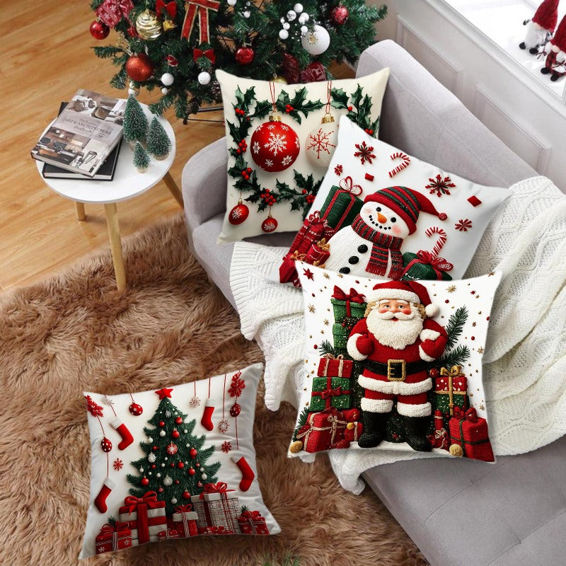 Snowman Print Linen Plush Throw Pillowcase Christmas Happy New Year Decor