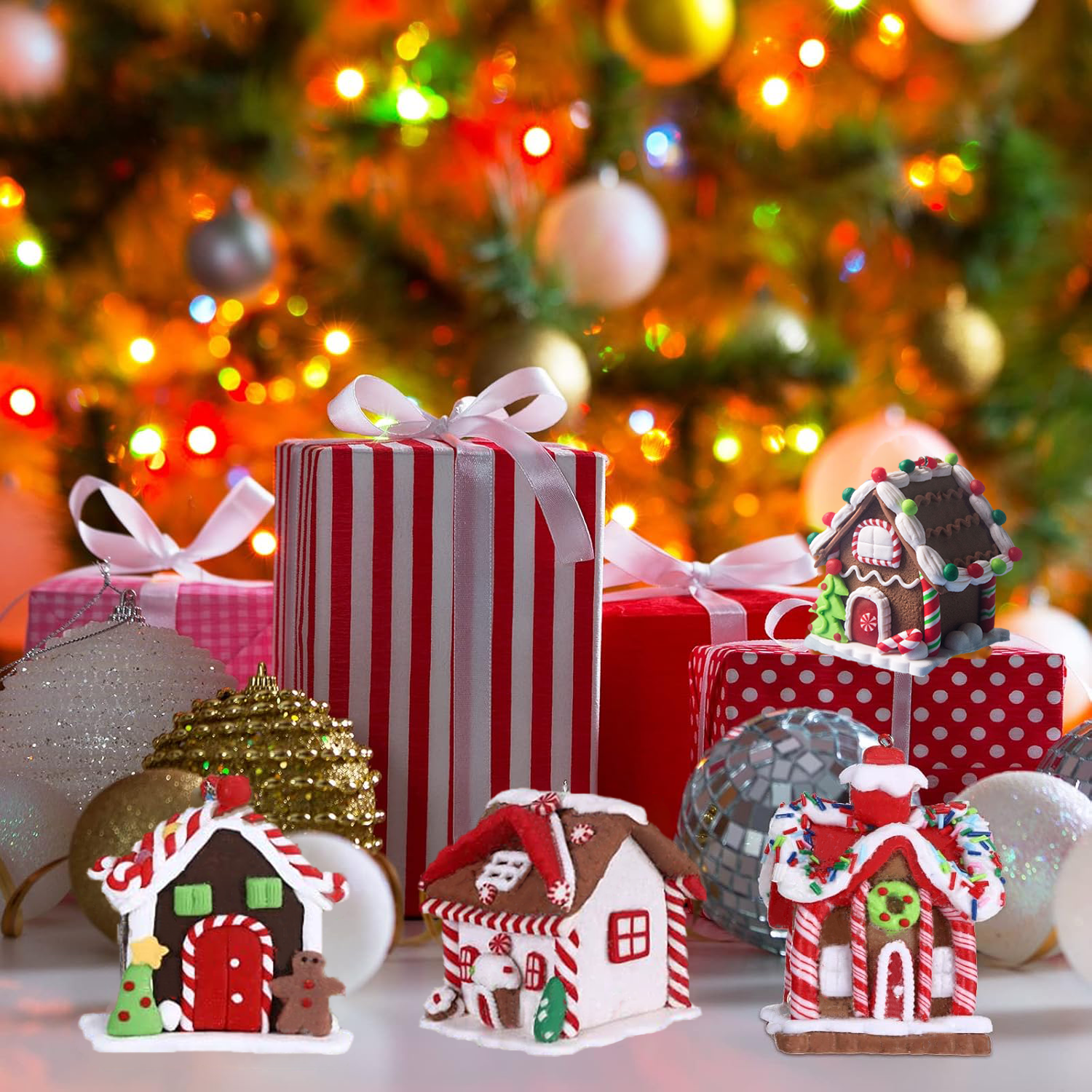Holiday Gingerbread Christmas Tree Ornaments Set 5pcs House Decor With Rope 9