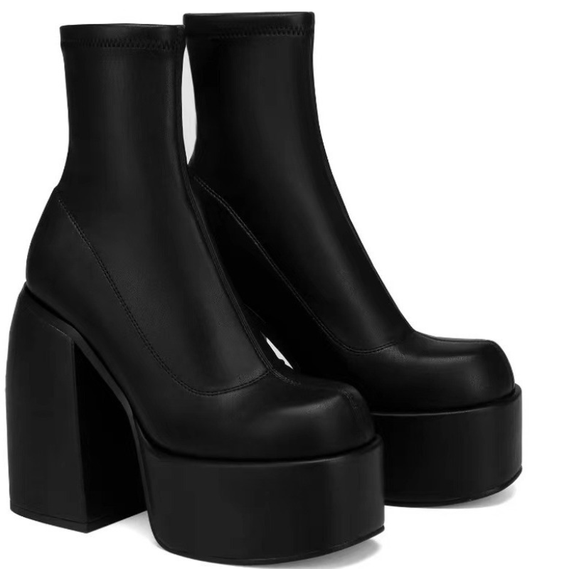 Sexy Leather Women Short Boots Casual Zipper High Heels Square Toe Casual Thick Soled Shoes for Women