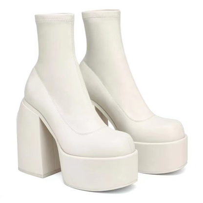 Sexy Leather Women Short Boots Casual Zipper High Heels Square Toe Casual Thick Soled Shoes for Women