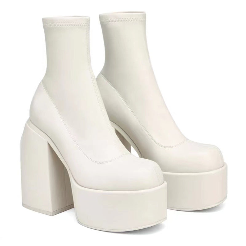 Sexy Leather Women Short Boots Casual Zipper High Heels Square Toe Casual Thick Soled Shoes for Women