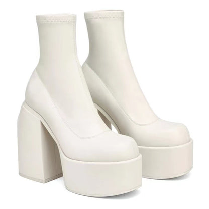 Sexy Leather Women Short Boots Casual Zipper High Heels Square Toe Casual Thick Soled Shoes for Women