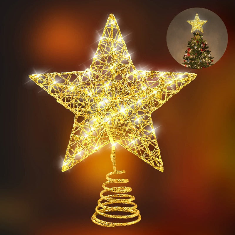 Star Tree Topper for Christmas with LED Lights, Battery-Powered Glitter Metal Decoration for Holiday Tree