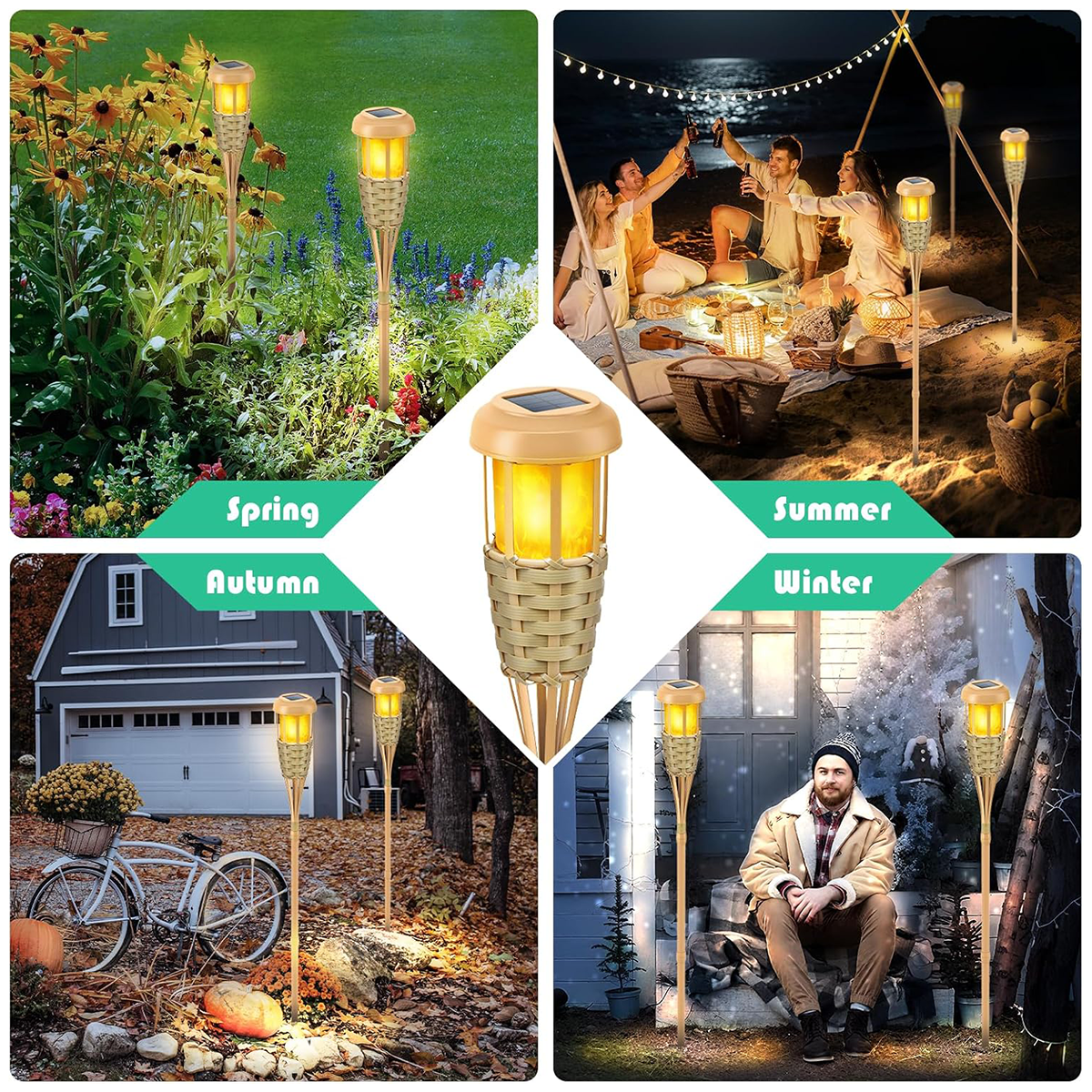 Outdoor Solar Flickering Flame Torch Light Waterproof Bamboo Patio Pathway Decor Landscape Lawn Lig 3