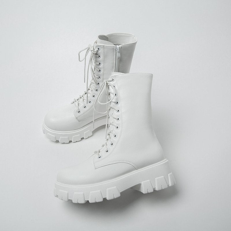 Ladies Chelsea Zipper Boots with Lace-up Design and Platform Heel for Winter and Autumn Fashion