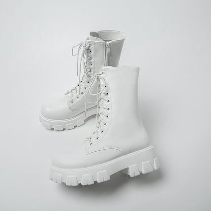 Ladies Chelsea Zipper Boots with Lace-up Design and Platform Heel for Winter and Autumn Fashion