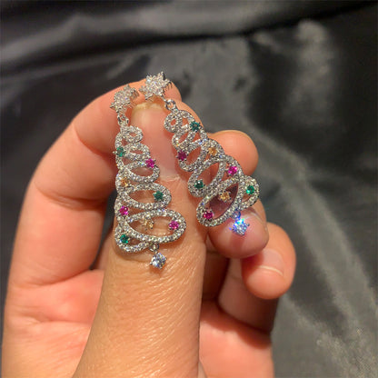 Colorful Rhinestone Star Xmas Tree Earrings for Women, Fashion Crystal Zircon Dangle Earrings, Party Jewelry for Girls