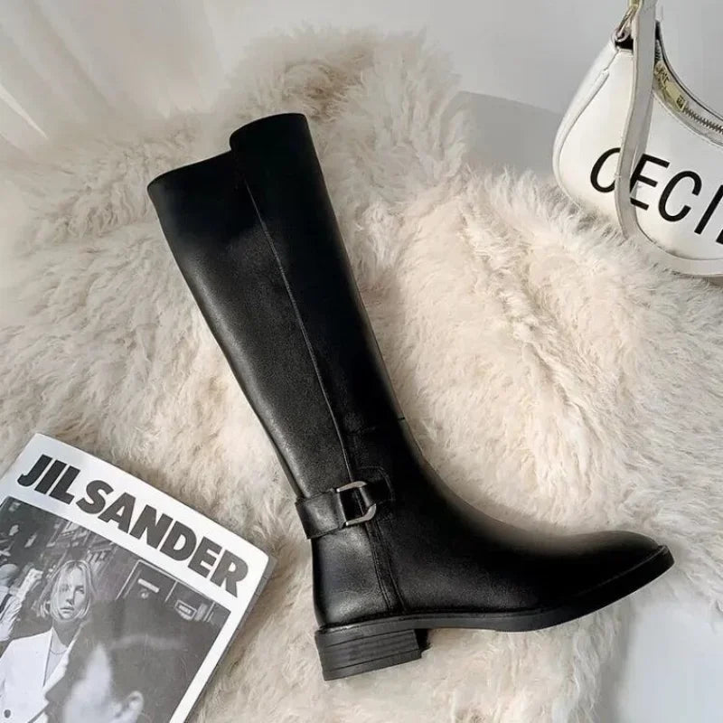 Long Black Knee Boots For Women With Buckle Metal Decoration PU Leather Fashion Outdoor Footwear 3
