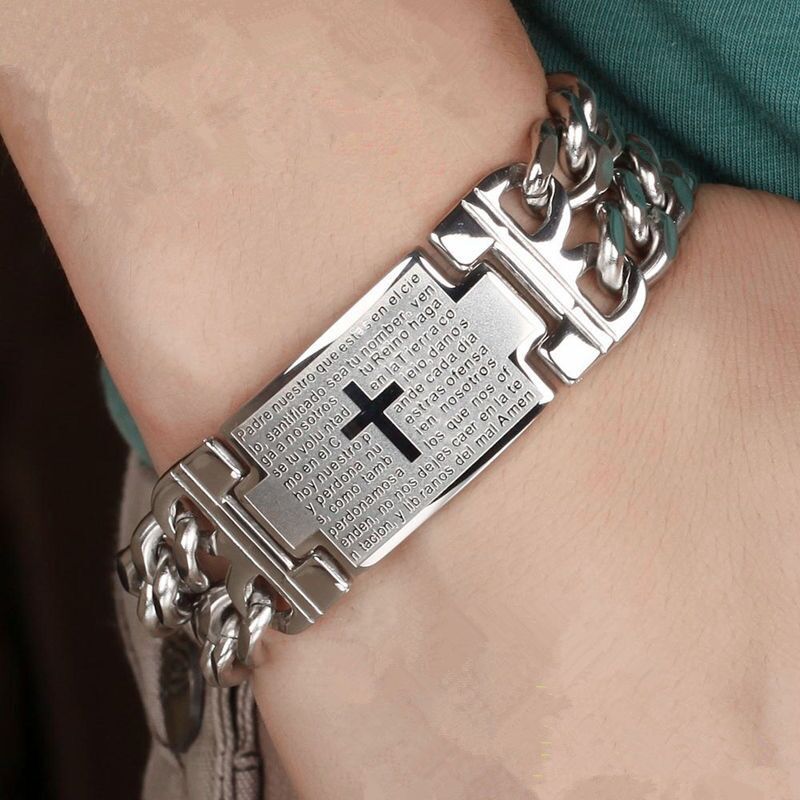 Stainless Steel Cuban Chain Cross Bracelet, Width, Men Jewelry Hand Chain Wrap, Punk Accessory