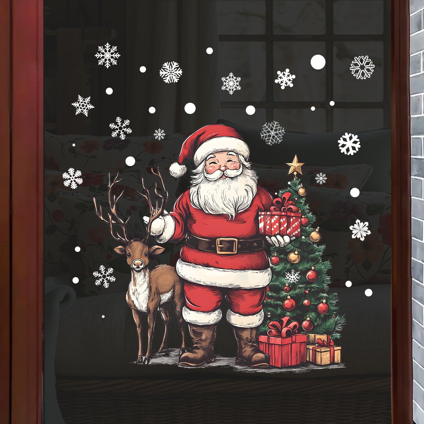 Santa Claus and Reindeer Decorative Stickers, Christmas Holiday Home Wall Stickers for Window Decoration
