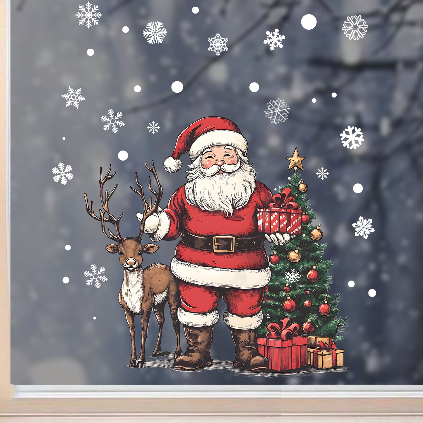 Santa Claus and Reindeer Decorative Stickers, Christmas Holiday Home Wall Stickers for Window Decoration