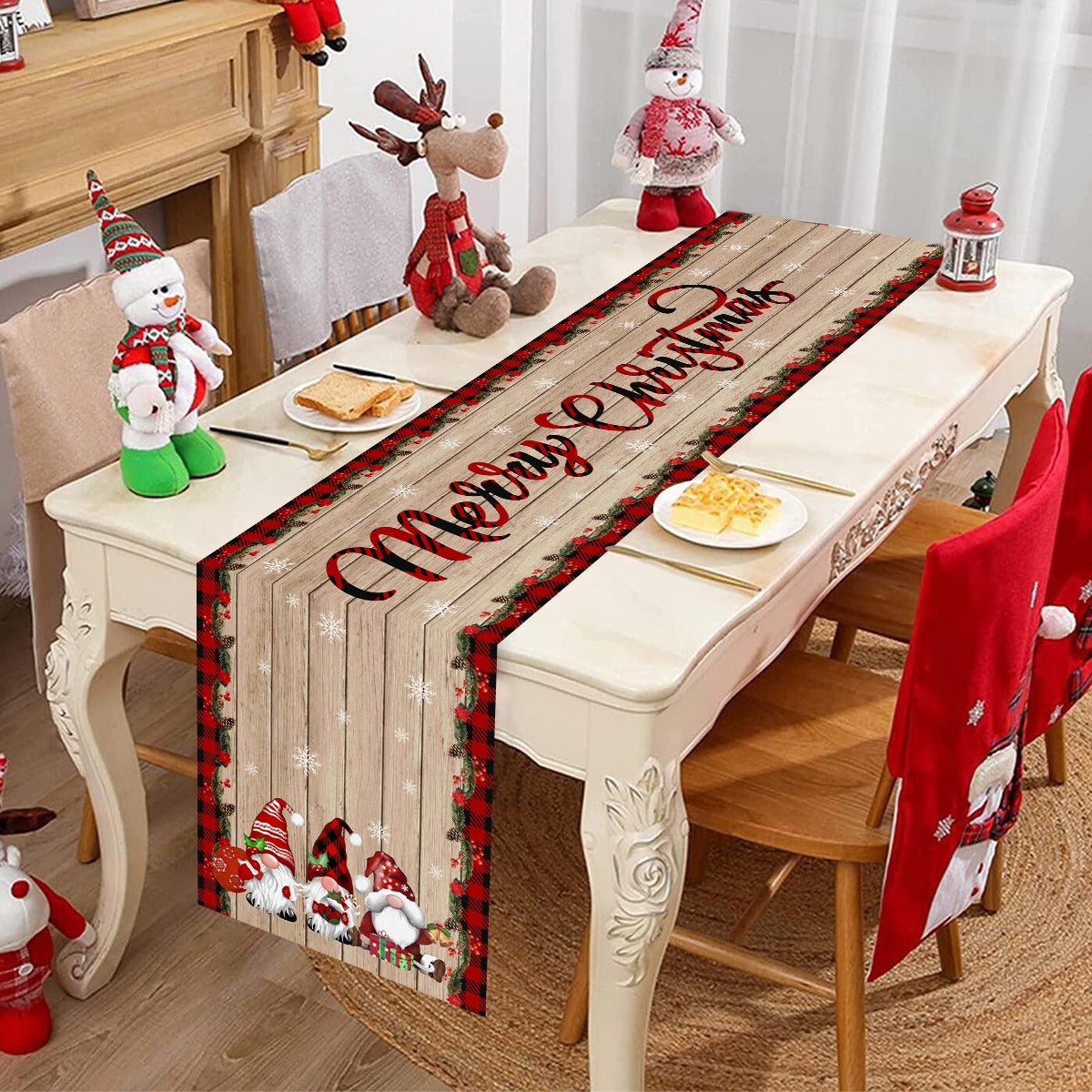 Christmas Table Runner, Wood Grain Decorations, Gnome Christmas Table Cover