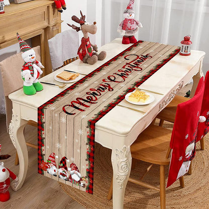 Christmas Table Runner, Wood Grain Decorations, Gnome Christmas Table Cover