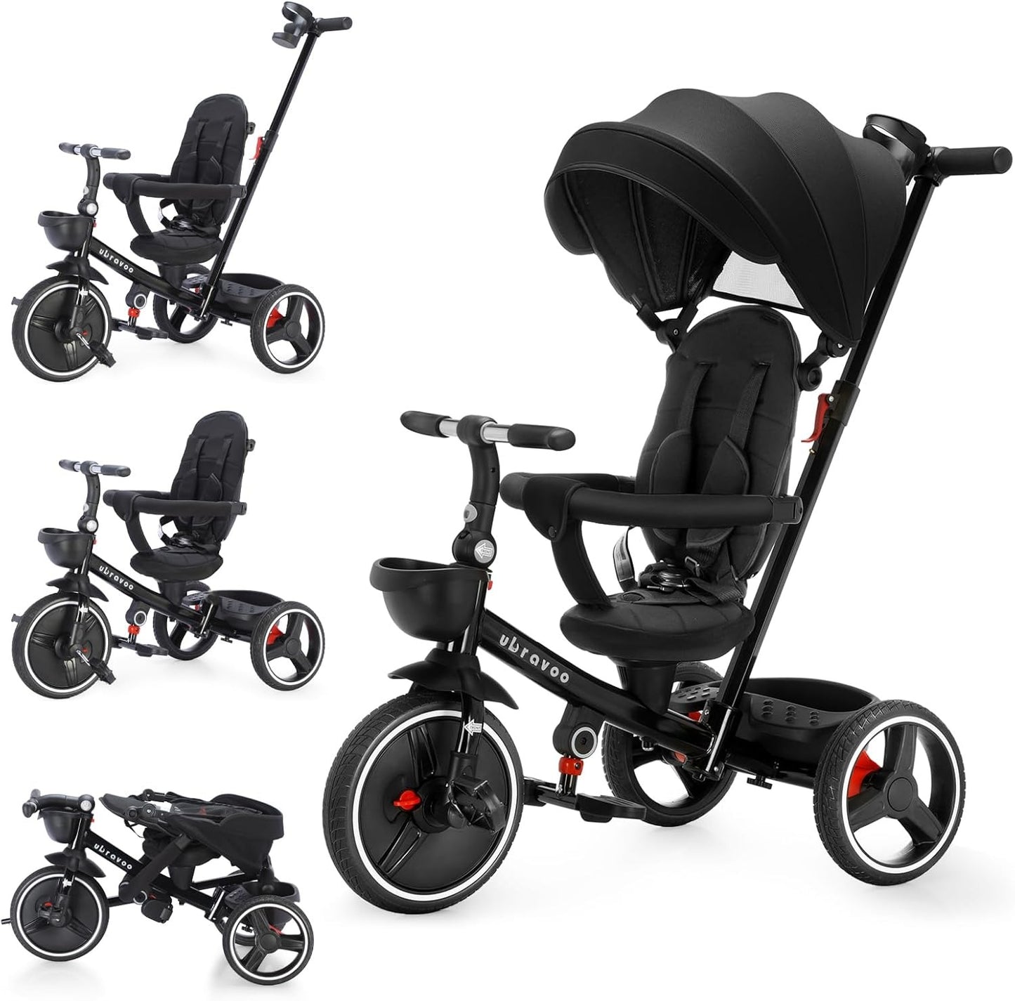 Adjustable Canopy Baby Stroller Tricycle Ride Bike by Ubravoo, Sitting & Lying, Quick Disassembly & Assembly