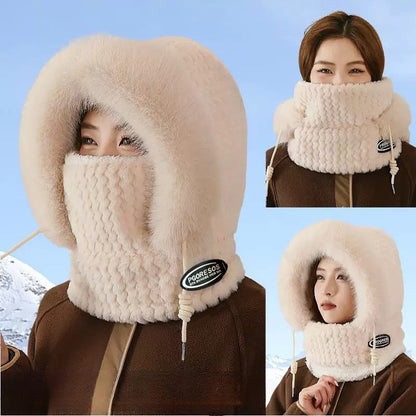 Windproof Thermal Plush Hat for Women, Autumn Winter Hood Scarf and Mask, Thick Ear Protection for Outdoor Riding