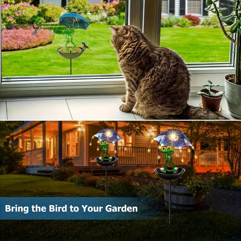 Outdoor Solar Powered Frog Statue Garden Decoration With Hummingbird Bird Feeder For Lawn Backyard  4