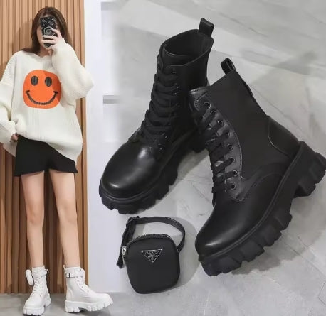 Womens LaceUp Platform Boots Leather Oxford Motorcycle Shoes Wedges 2