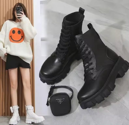 Womens LaceUp Platform Boots Leather Oxford Motorcycle Shoes Wedges 2