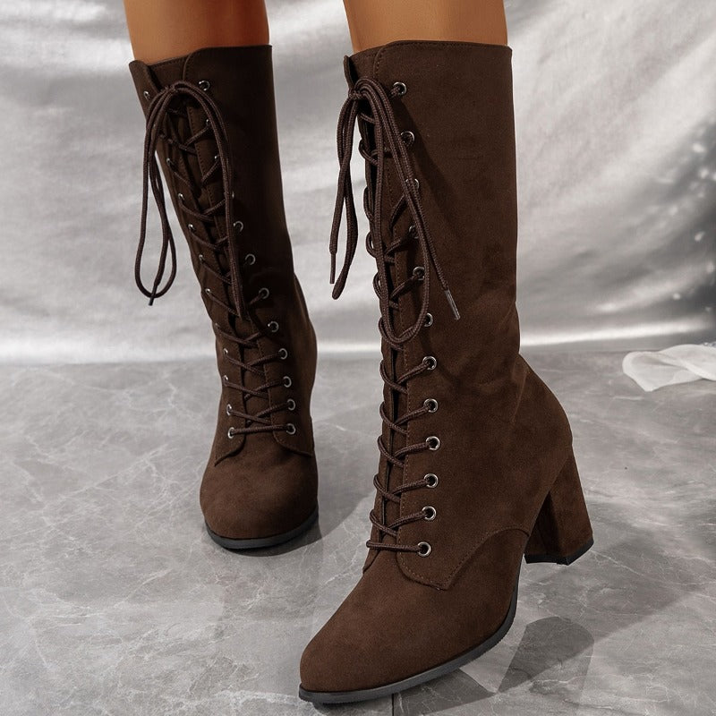 Womens Winter Boots Coarse Heel Round Head Antislip Wearresistant High Boots With Front Cross Lacin 3