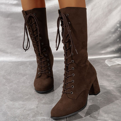 Womens Winter Boots Coarse Heel Round Head Antislip Wearresistant High Boots With Front Cross Lacin 3
